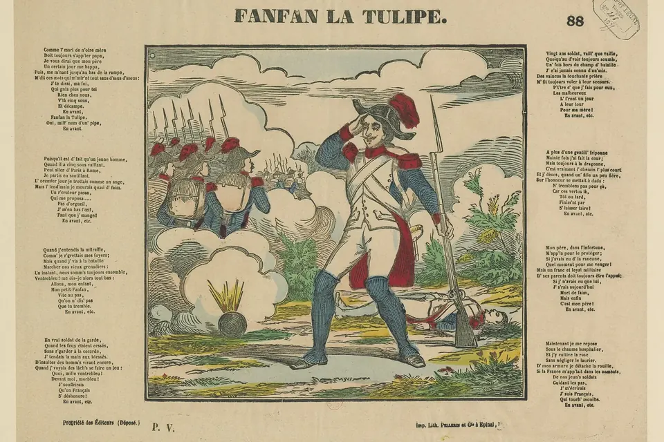 Image d'Épinal ancienne intitulée Fanfan la Tulipe : au centre, un soldat en uniforme coloré, entouré des couplets de la chanson imprimés en colonnes