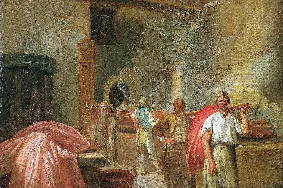 Peinture du XVIIIe siècle montrant l'intérieur d'un atelier de teinture aux Gobelins, avec des cuves, des écheveaux de laine suspendus et des ouvriers au travail